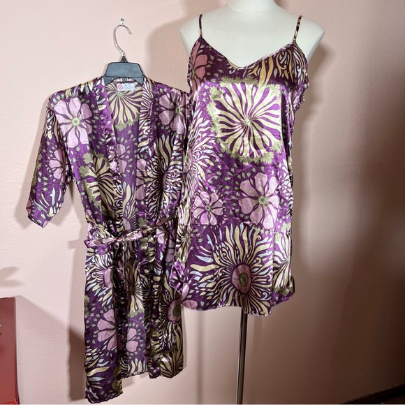 Vintage retro Asian floral royal purple green satin mini slip dress Robe set - Picture 3 of 16